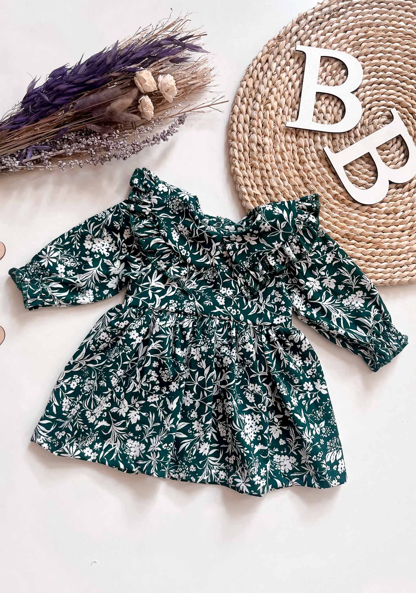 Shop the Forest Green Floral Dress for your little one. Stylish, comfortable, and perfect for special occasions or everyday wear.  Forest Green Floral Dress – Elegant Baby Dress