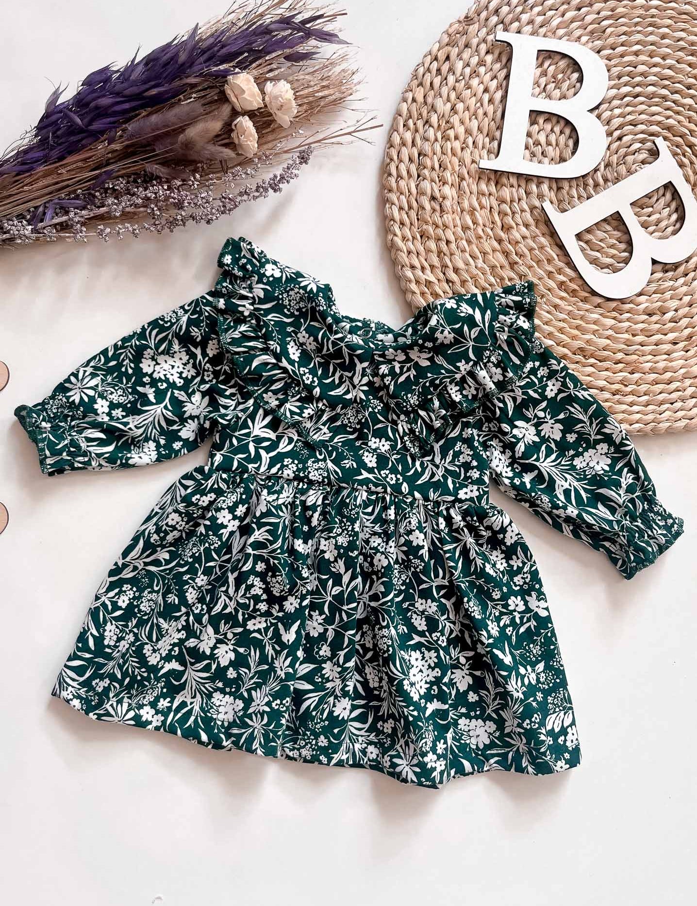 Forest Green Floral Dress Elegant Baby Dress 12-18M Forest Green Floral Dress Elegant Baby Dress 12-18M