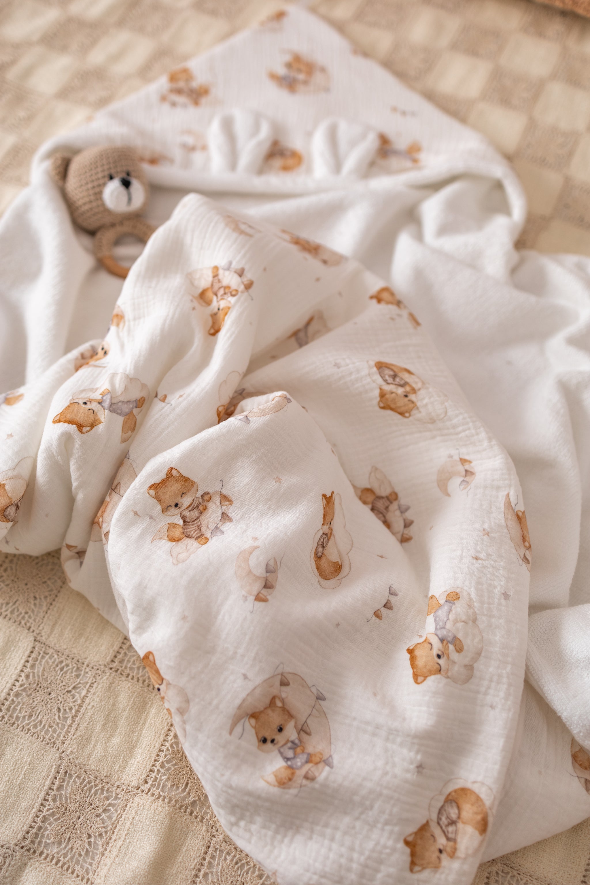 Wrap your baby in gentle comfort with our luxury bamboo baby towel. Made from bamboo terry and cotton muslin, it's hypoallergenic, and OEKO-TEX certified.