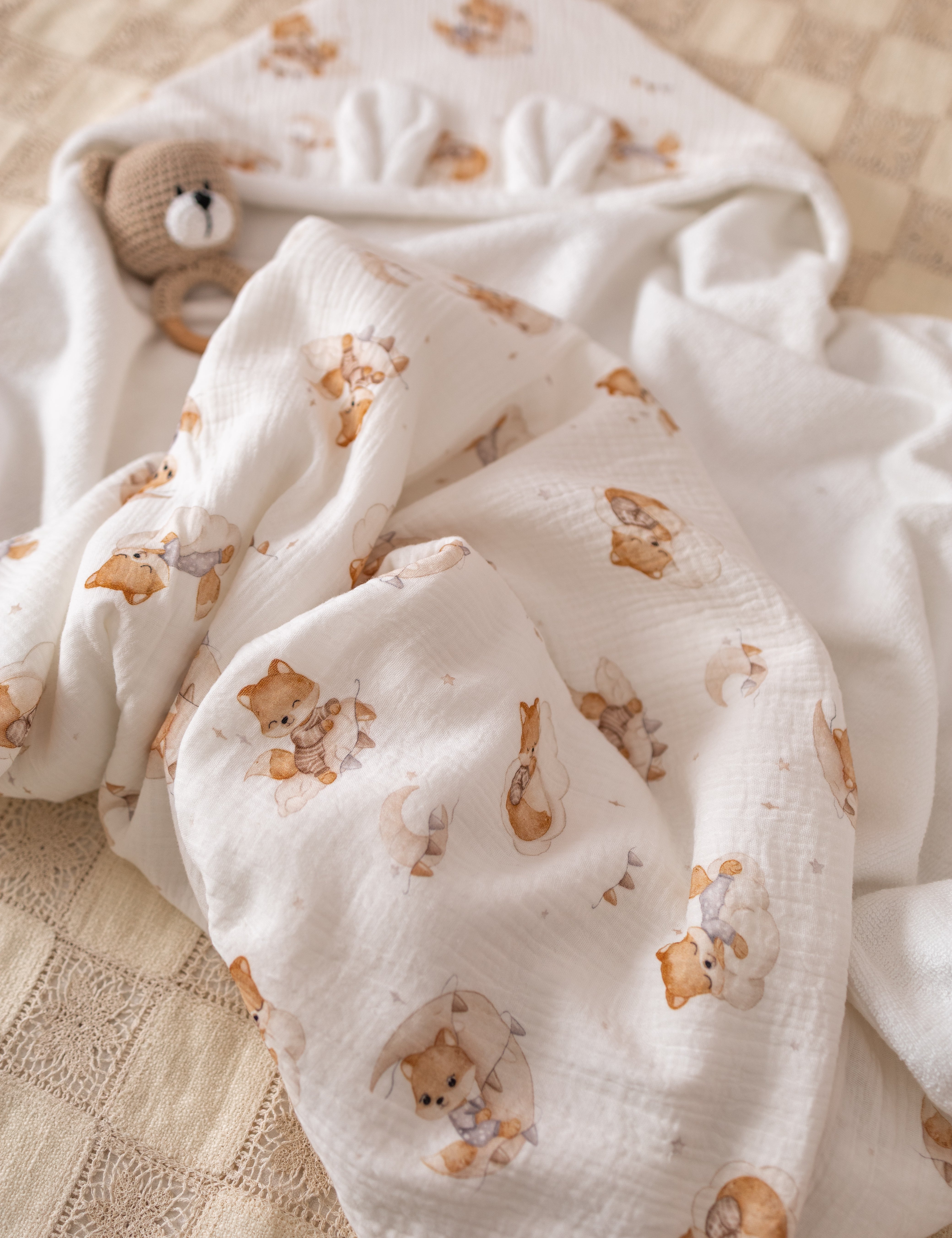 Wrap your baby in gentle comfort with our luxury bamboo baby towel. Made from bamboo terry and cotton muslin, it's hypoallergenic, and OEKO-TEX certified.