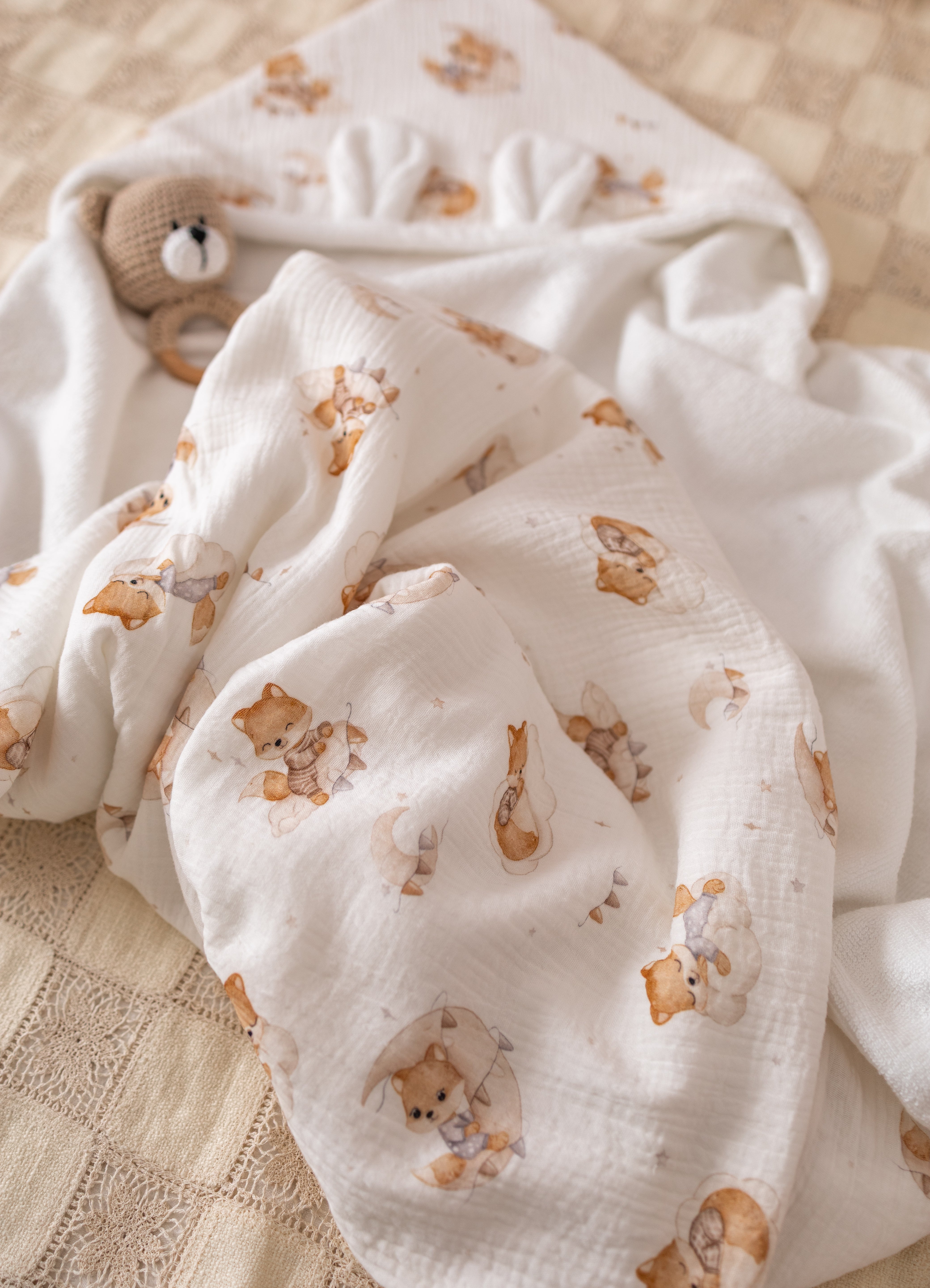 Wrap your baby in gentle comfort with our luxury bamboo baby towel. Made from bamboo terry and cotton muslin, it's hypoallergenic, and OEKO-TEX certified.